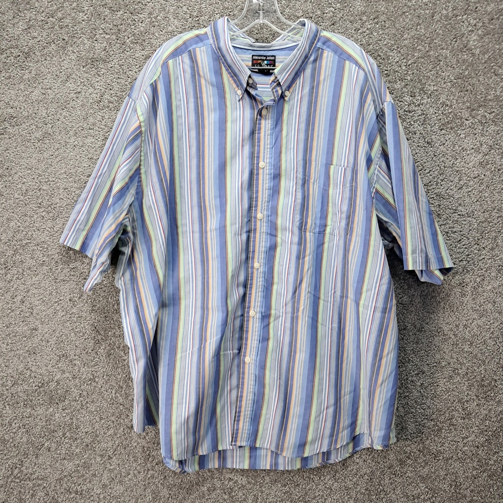 Alexander Julian Colours Mens 3XL Short Sleeve Striped Button Down Shirt Blue